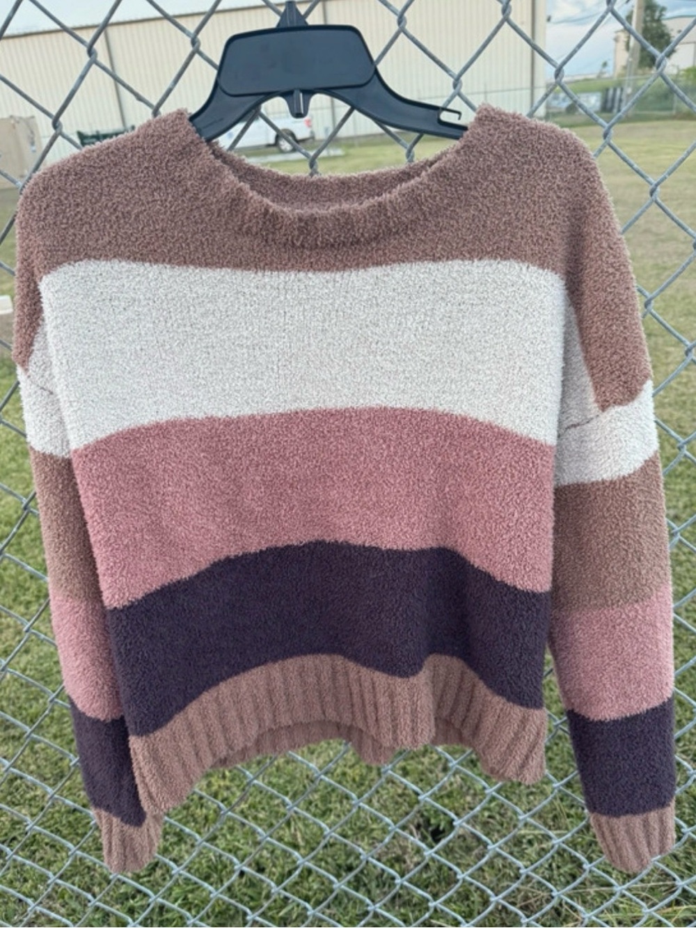 Altar'd State Striped Plush Crewneck Sweater in Pink, Cream & Brown